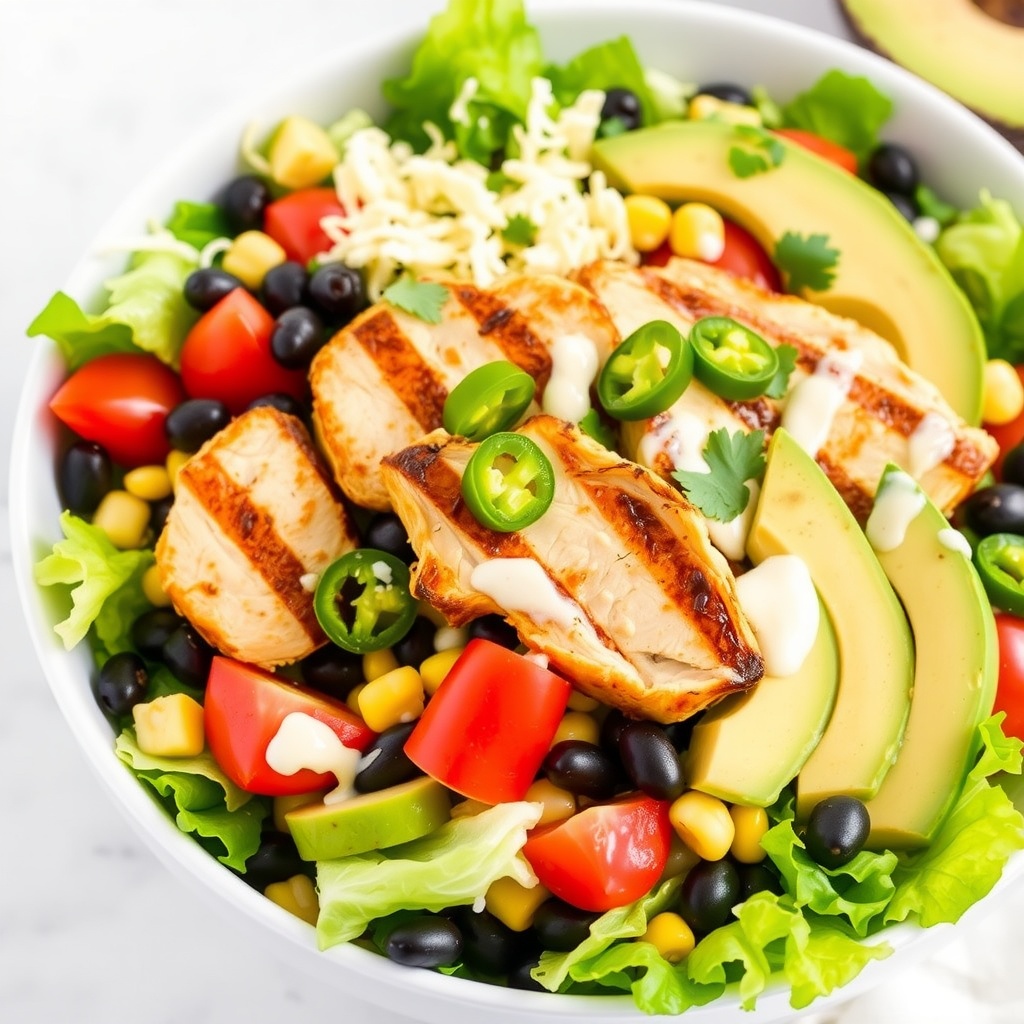 A colorful spicy southwest chicken salad with grilled chicken, lettuce, tomatoes, beans, corn, and jalapeños, garnished with avocado and cheese.